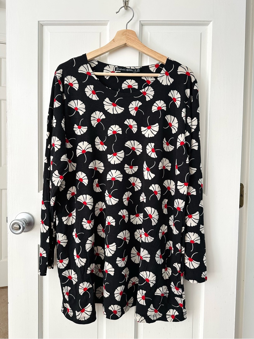 Gudrun Sjödén Black Long Sleeve Modal Tunic Top Ginkgo Leaf Floral Size XL